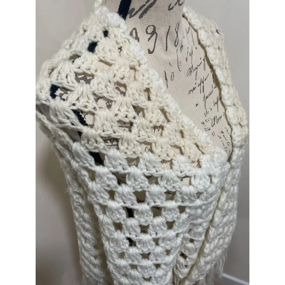 Vintage 70s Fringed Handmade Crocheted White & Cream Blanket Shawl Wrap